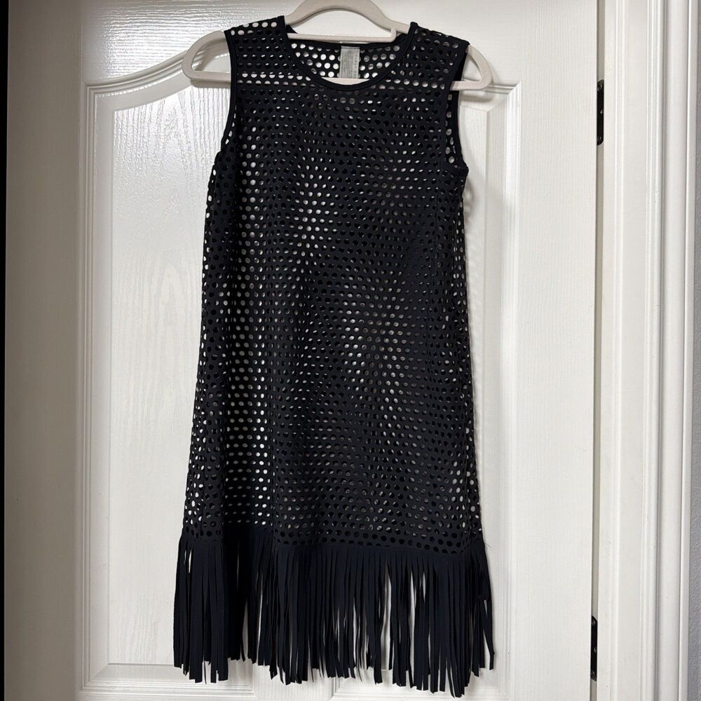 Karla Colletto Black Size Small Sleeveless Swim Cover Up Dress Fringe Scuba